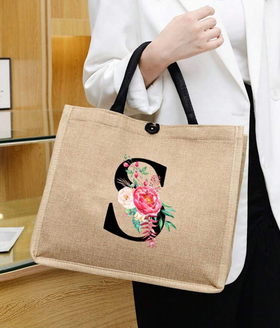 Handbag flower letter tote linen
